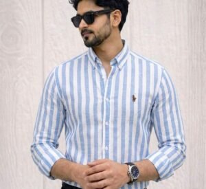 Old Money Aesthetic Sky Blue Striped Oxford Shirt - Code: 5006