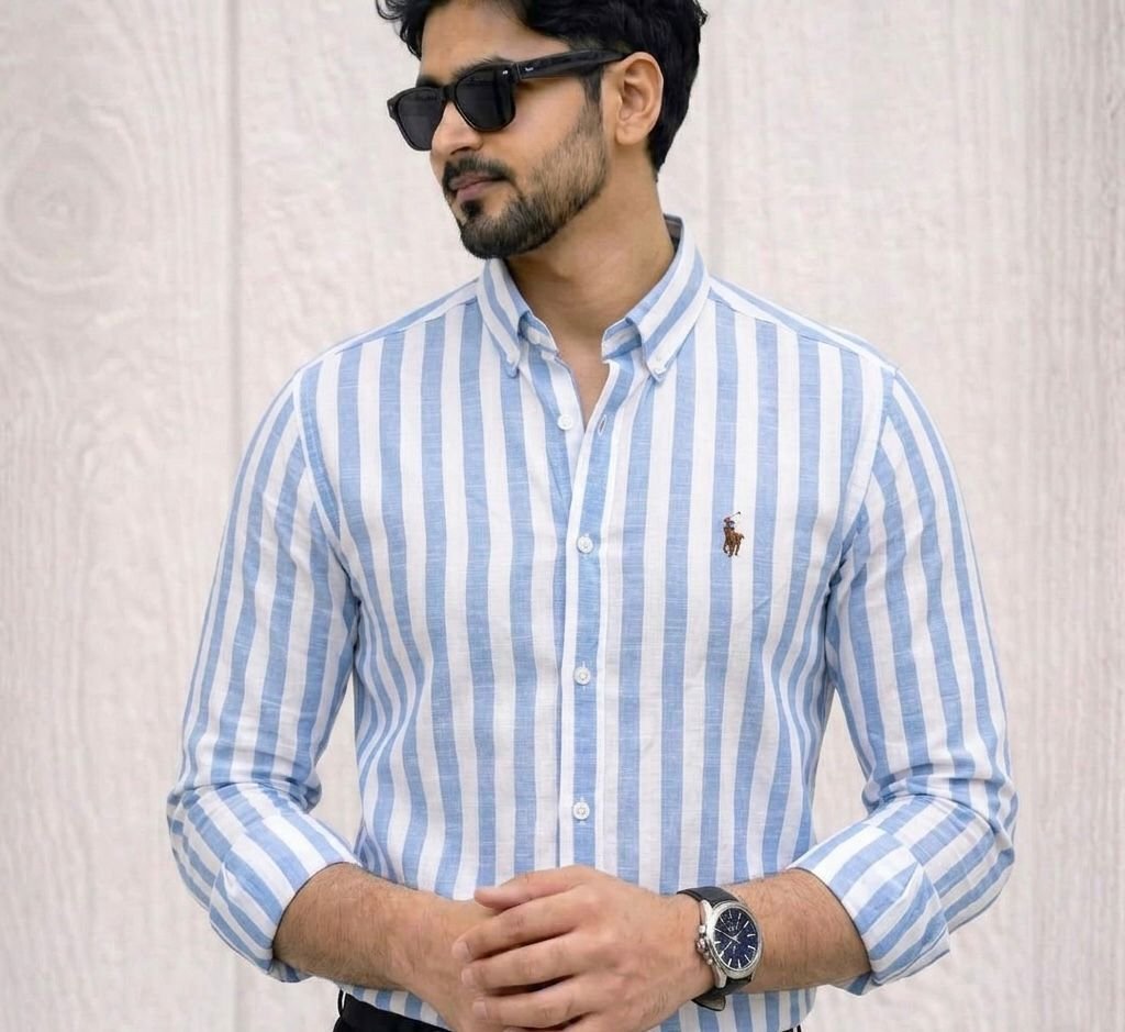 Old Money Aesthetic Sky Blue Striped Oxford Shirt - Code: 5006