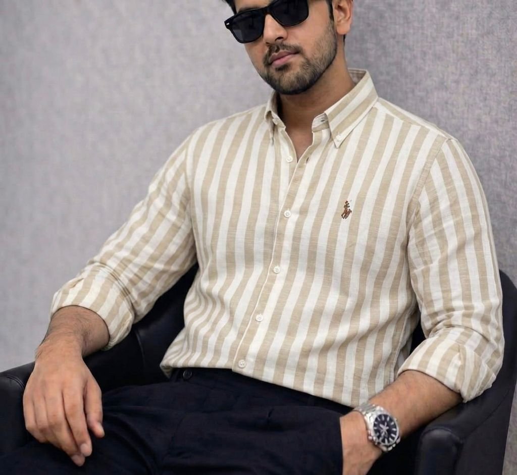 Old Money Aesthetic Beige & Cream Striped Oxford Shirt - Code: 5014