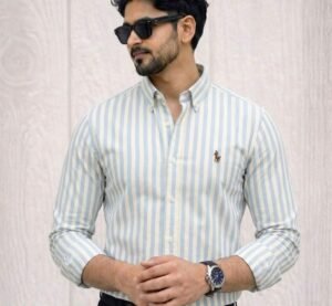 Old Money Aesthetic Off-White & Sky Blue Striped Oxford Shirt - Code: 5016