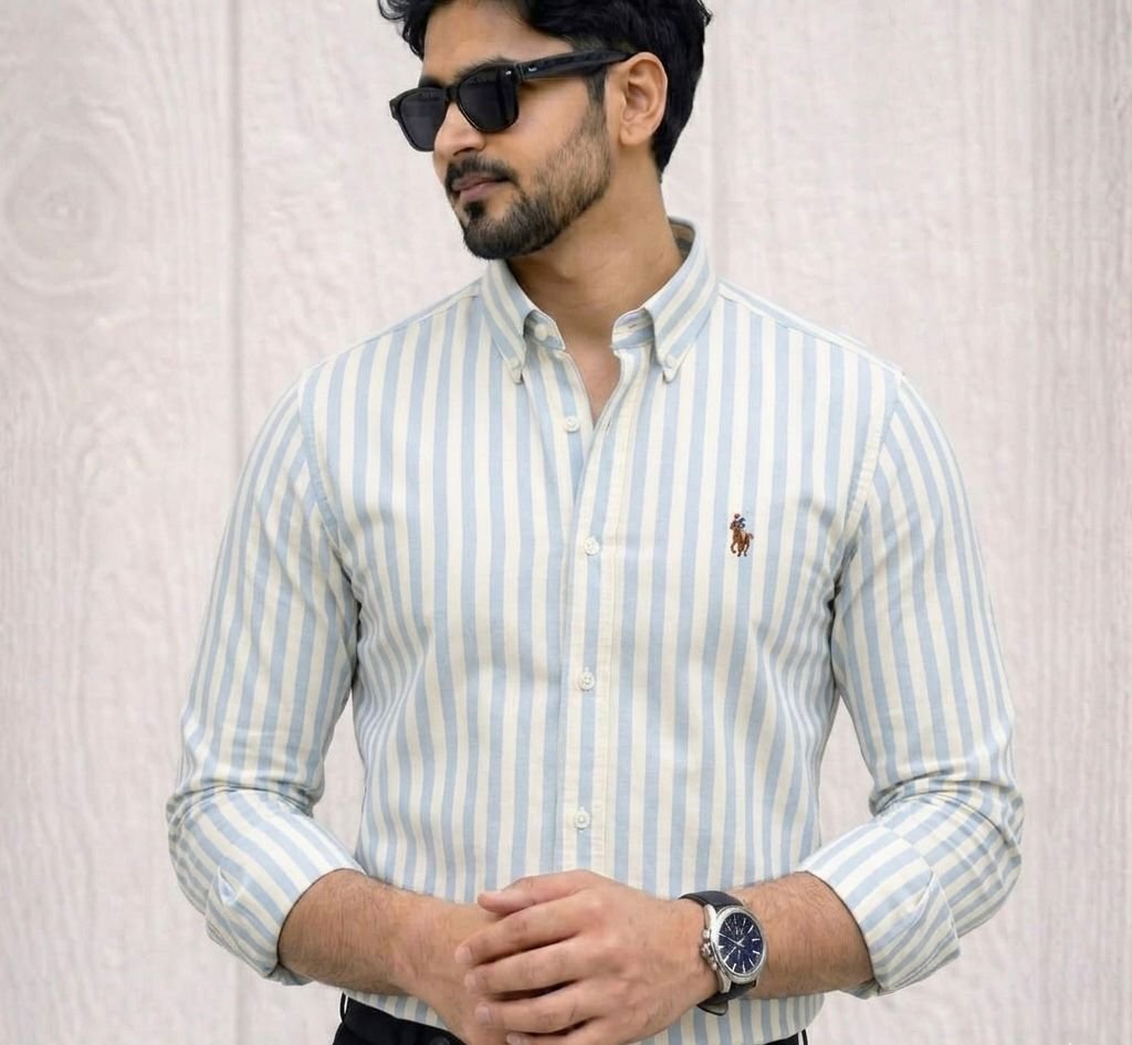 Old Money Aesthetic Off-White & Sky Blue Striped Oxford Shirt - Code: 5016
